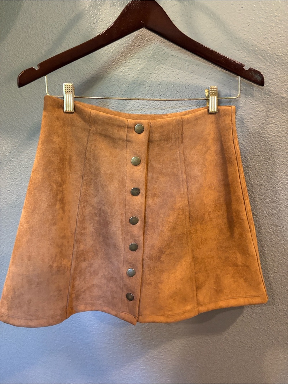 Wishlist Faux Suede Button-Front Mini Skirt in Tan